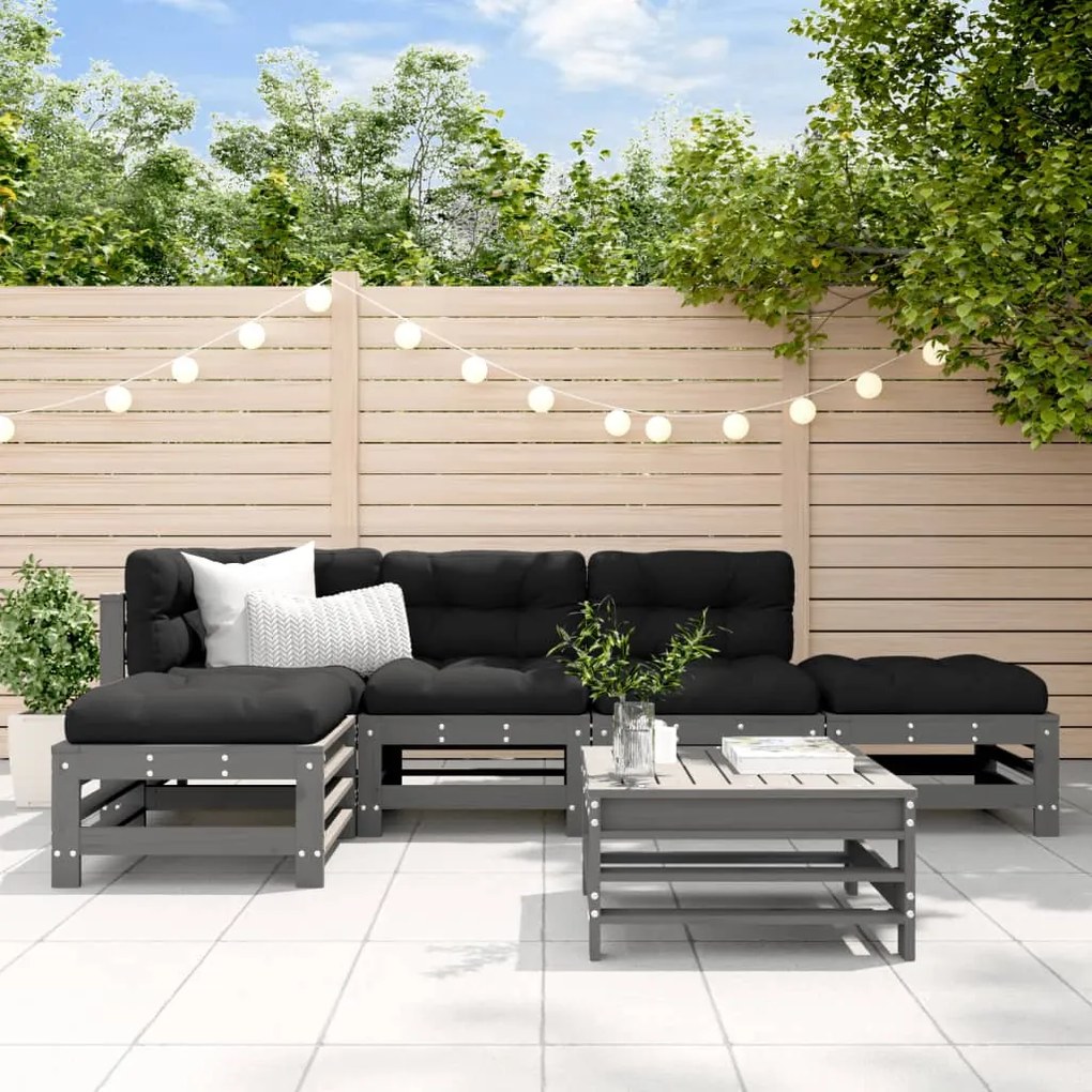 vidaXL Set mobilier relaxare grădină&amp;perne 6 piese gri lemn masiv pin