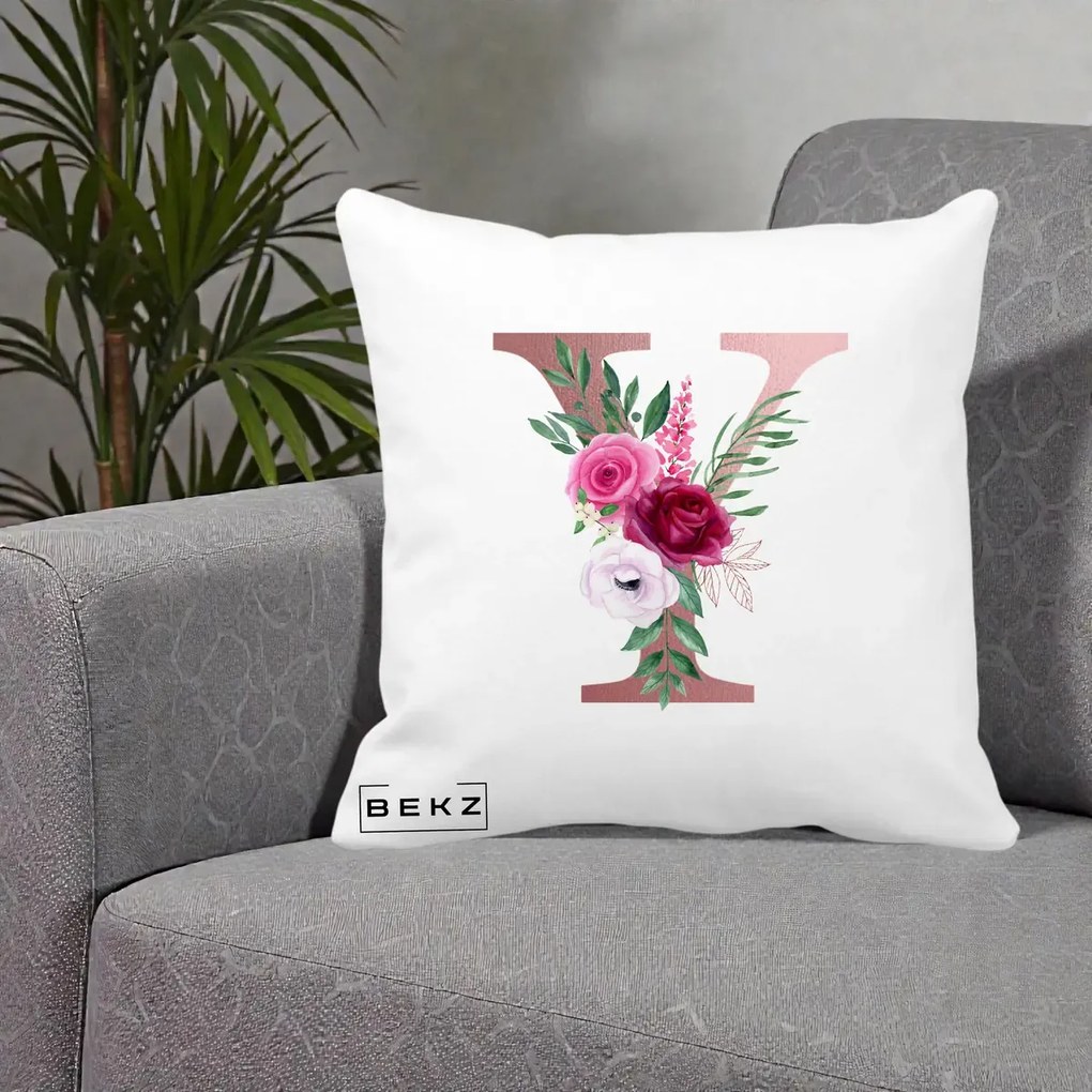 Cadou Personalizat - Perna Personalizata Monograma Rose Gold Litera Y, 40x40 cm, Alba Mata, Husa Detasabila, Perna Inclusa, BEKZ®