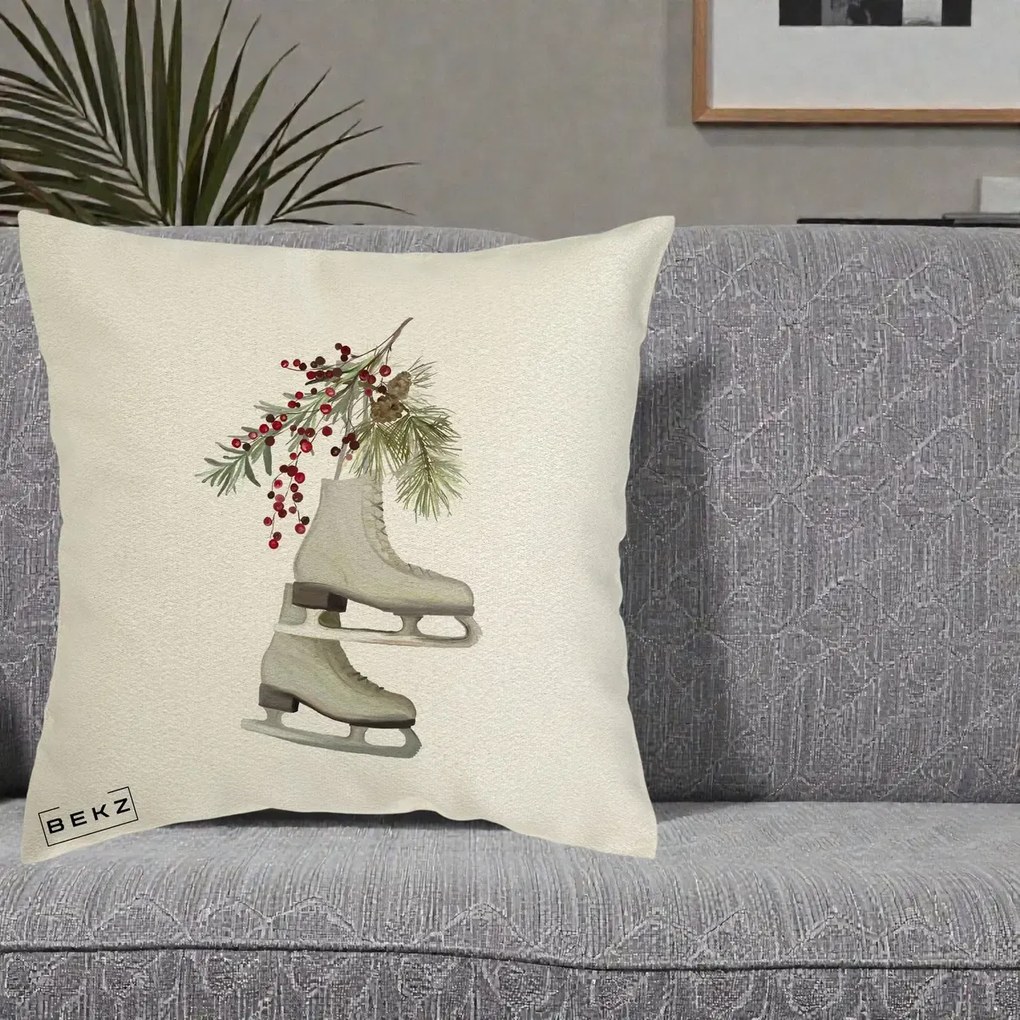 Perna Decorativa Patine cu Ramuri de Brad si Afine, 40x40 cm, Ecru, Husa Detasabila, Perna Inclusa, BEKZ®