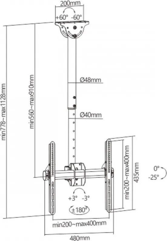 Suport de tavan pentru televizor Crown WM50K55CLG, 32-55", Rotire +180/-180, Negru