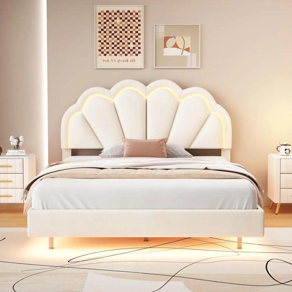 PARC7 - Pat tapitat cu LED, 140 x 200 cm - patut copii, fetite - Catifea Roz sau Crem