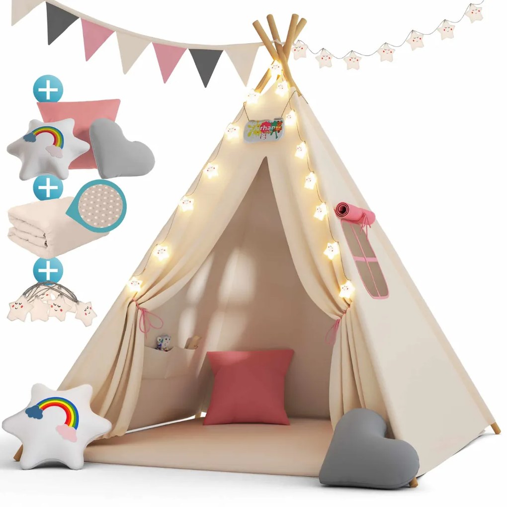 Cort tip teepee pentru copii JULIA, 160x120x120cm, bej/roz Jurhan