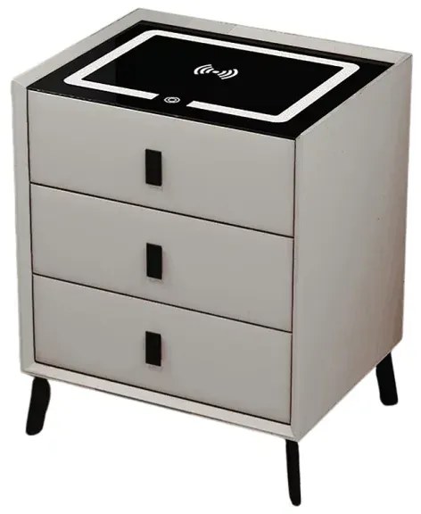 Noptieră inteligentă cu &icirc;ncărcare wireless, iluminare LED și 3 sertare &ndash; culoare albă, design modern din sticlă și lemn