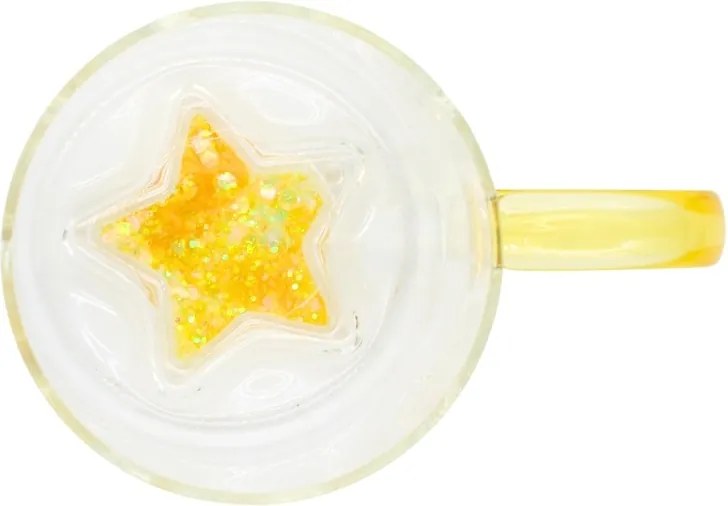 Cană cu model 3D steluță galbenă, pereți dubli, sticlă borosilicată și inserție de sclipici, 300 ml, Aurora Glow