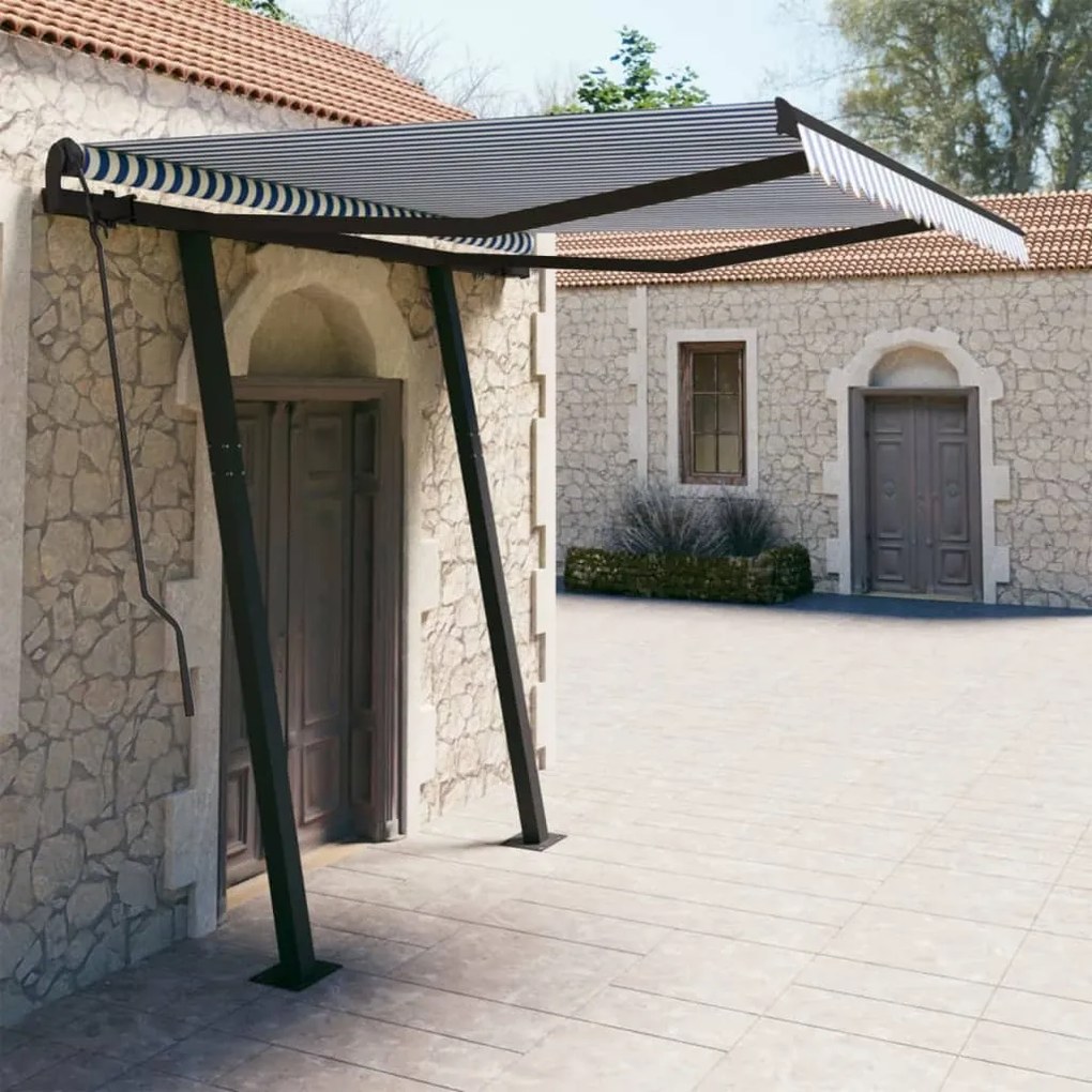 vidaXL Copertină retractabilă automat cu stâlpi, albastru&amp;alb, 3x2,5 m