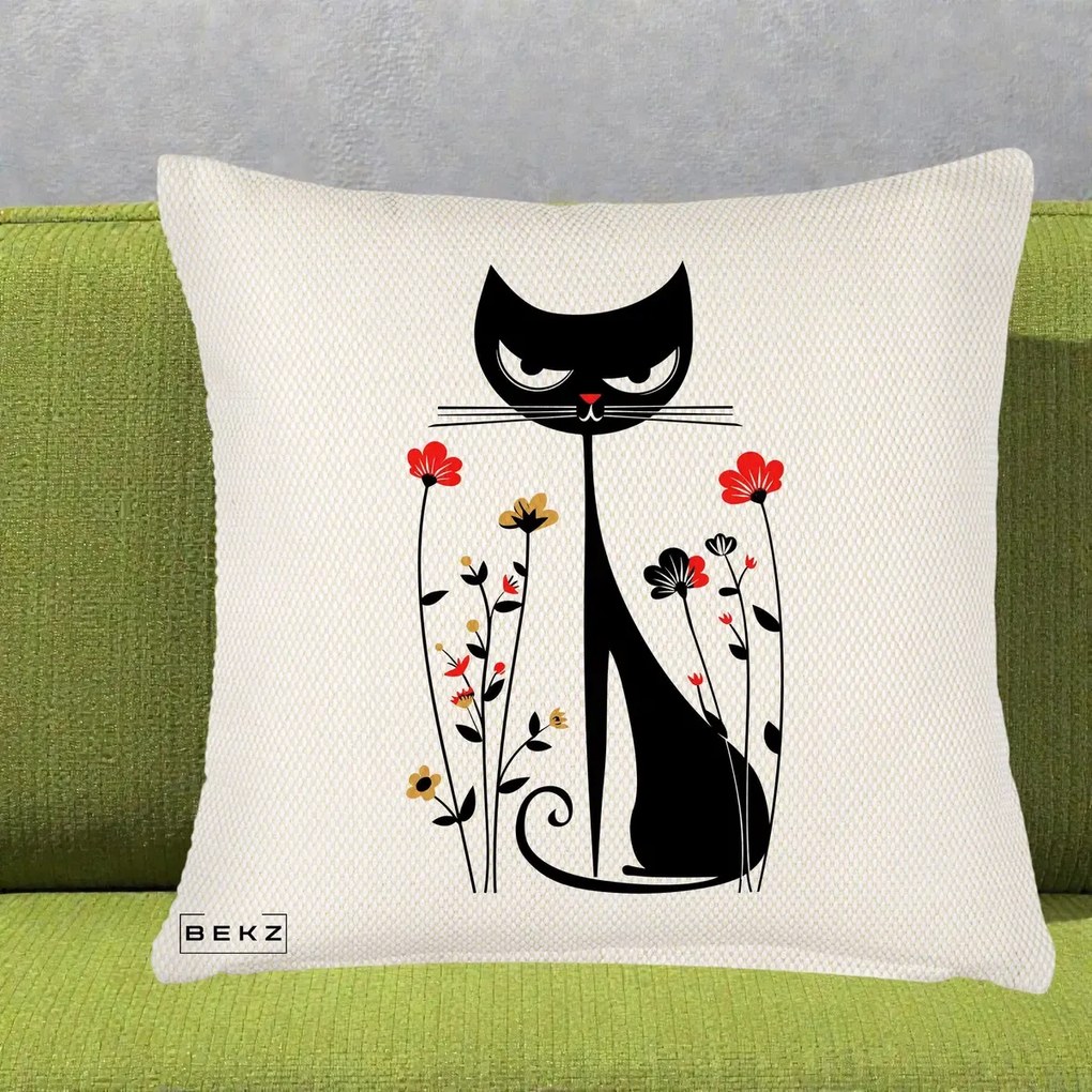 Perna decorativa Pisica Neagra Grafica Flori Rosii, 45x45 cm cu Umplutura, Crem Reliefat, BEKZ