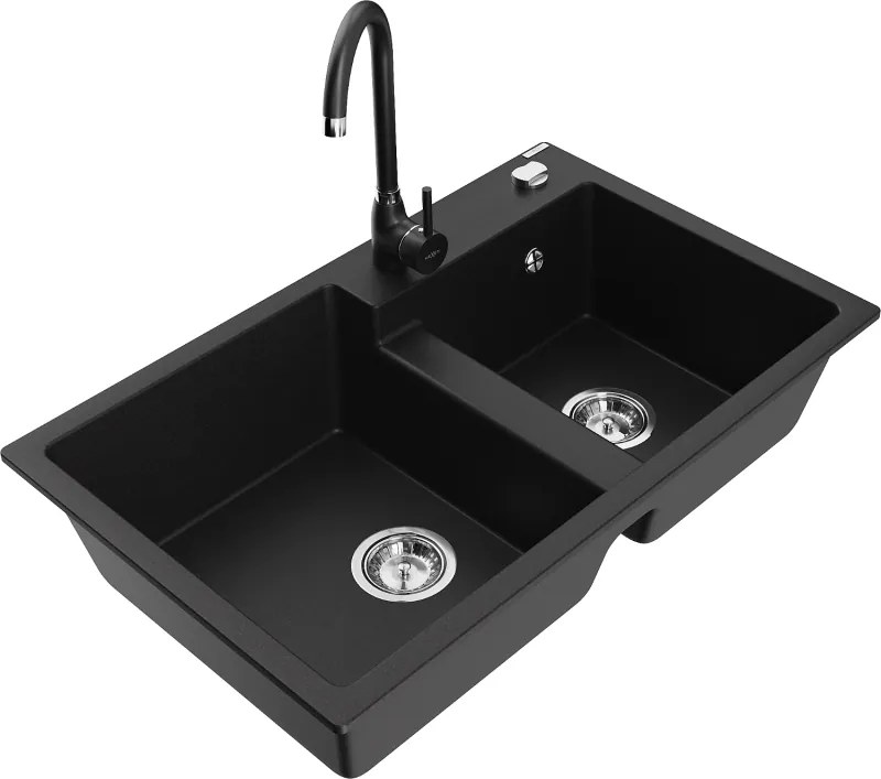 Mexen Tomas chiuvetă de granit cu 2 compartimente și baterie de bucătărie Telma, negru - 6516-77-670200-70