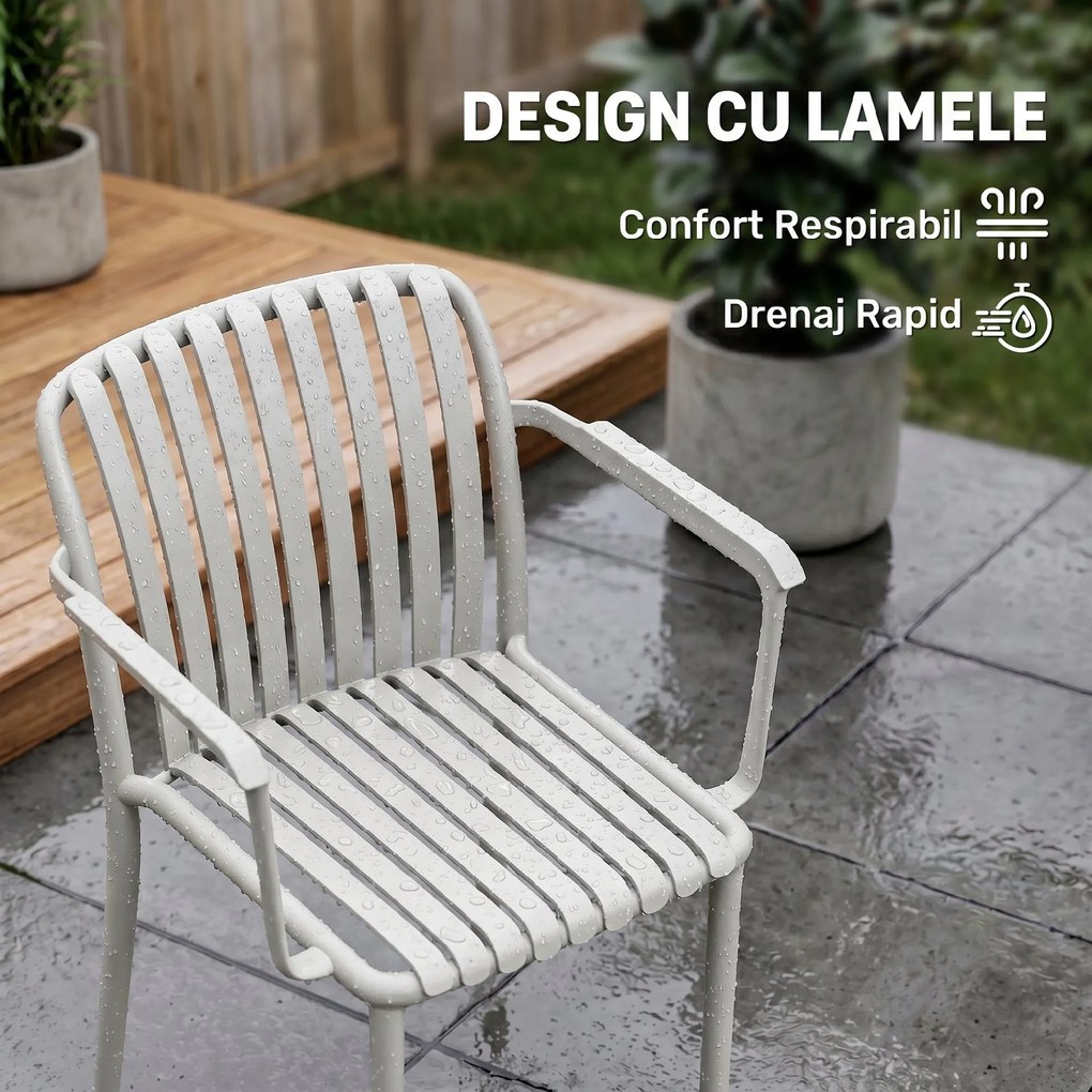 Outsunny Set 4 Scaune de Grădină Stackabile din Polipropilenă Anti-UV, Design Lamelar cu Cotiere, pentru Terasă Balcon Exterior Interior, Gri | Aosom Romania