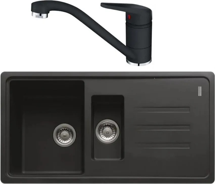 Set chiuveta bucatarie compozit Franke Malta 1 cuva 1/2 cu picurator 97x50 cm finisaj negru mat cu Novara Plus