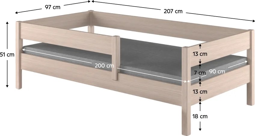 Pat pentru copii cu barieră, stejar albit, 90x200, MIX
