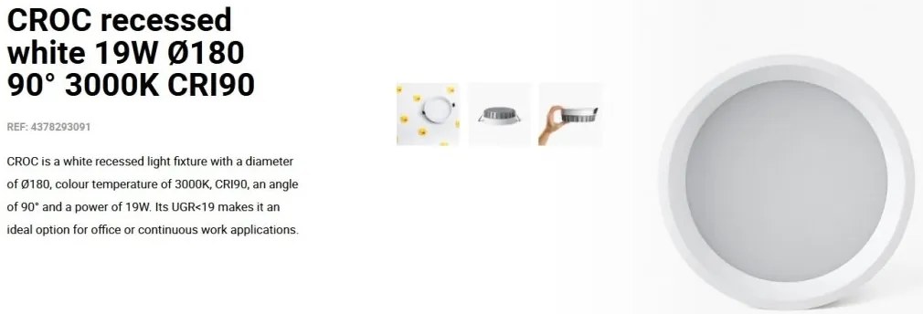 Spot LED incastrabil recessed white 19W 18cm 90 grade 3000K CRI90
