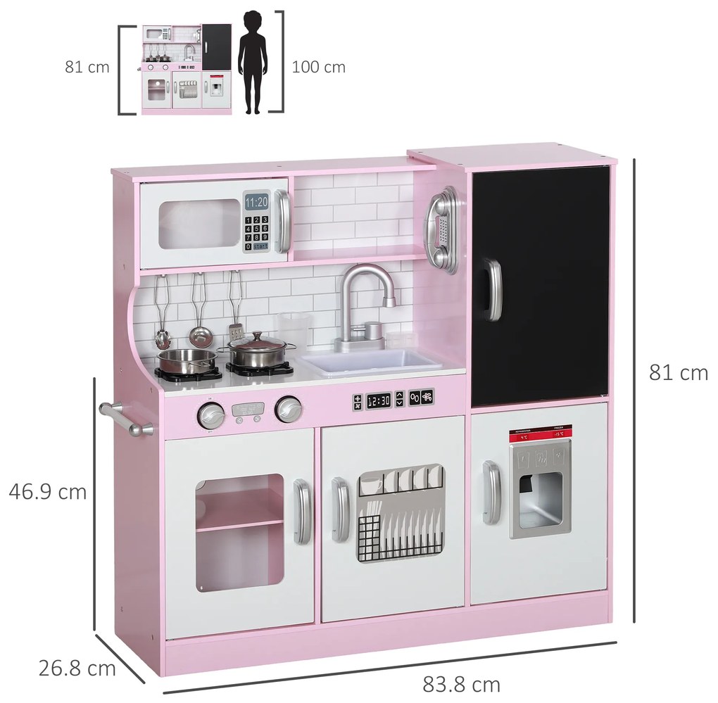 AIYAPLAY Set de bucătărie pentru copii cu oale, tablă, telefon, mașină de gheață, cuptor, 83,8 x 26,8 x 81 cm, Roz | Aosom Romania