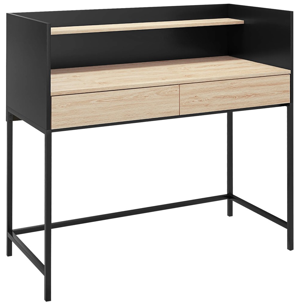HOMCOM Birou cu 2 Sertare, Raft Superior și Mânere Ascunse, Birou Modern din Lemn și Oțel, 106x51,5x102,5 cm, Negru | Aosom Romania