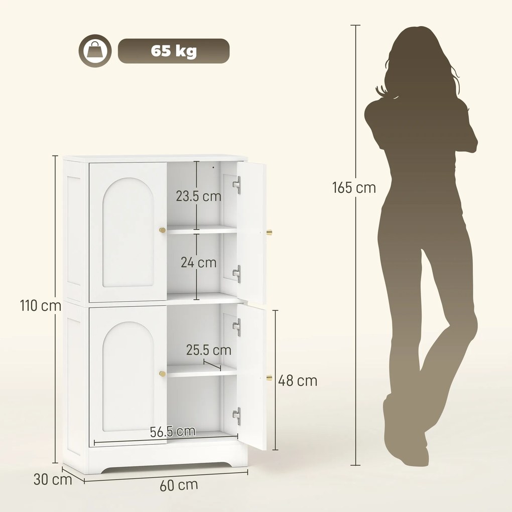 HOMCOM Comodă Bucătărie, Dulap Bucătărie cu 2 Dulapuri, 4 Uși Arcuite, 2 Rafturi Reglabile, cu Dispozitiv Anti-Răsturnare, 60x30x110 cm, pentru Sala de Masă, Living, Alb | Aosom Romania