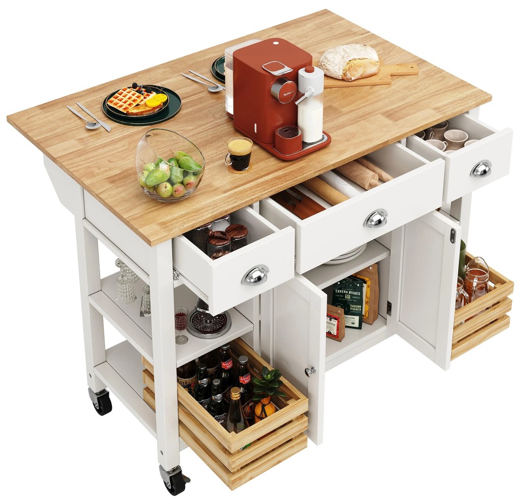 Insulă de bucătărie modernă cu laturi pliabile, Alb | Aosom Romania