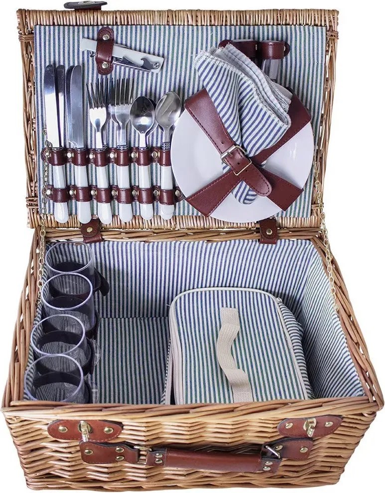 Coș de picnic mare din răchită împletită cu căptușeală în dungi albastre, pentru 4 persoane, „Vendela Large Blue"