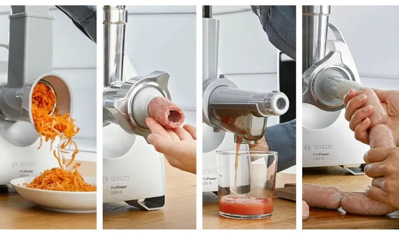 Mașină de tocat carne Bosch MFW68660, 2200W, atașament pentru roșii și cârnați, invers, 4,3 kg/min, Inox