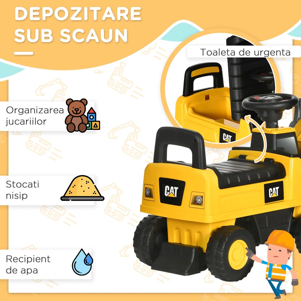 HOMCOM CAT cu Licență pentru Constructii de Condus cu Cupa Manuala, Excavator pentru Copii Mici, cu Claxon | Aosom Romania