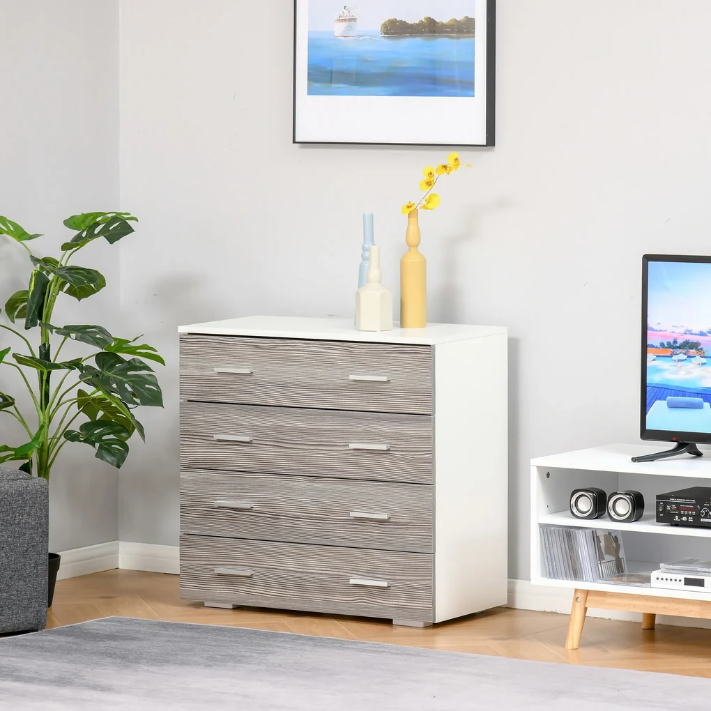 HOMCOM Comodă Modernă cu 4 Sertare, Manere din Aluminiu, Structură din Lemn, 76x35x72 cm, Alb și Gri | Aosom Romania