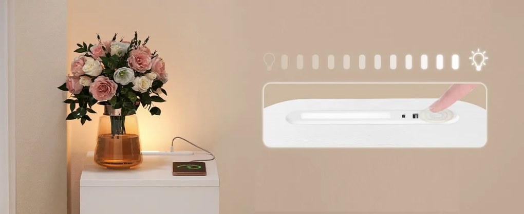 NOA2 - Set 2 Noptiere, 24 cm, foarte inguste, LED, USB si USB-C, Riflaje dormitor - Alb - Auriu