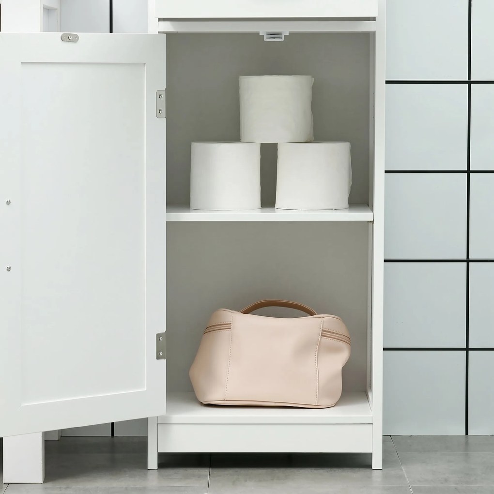 kleankin Dulap Modern pentru Baie, Mobilier Îngust cu Raft Deschis, Sertar, Uși Încastrate și Rafturi Ajustabile Alb | Aosom Romania