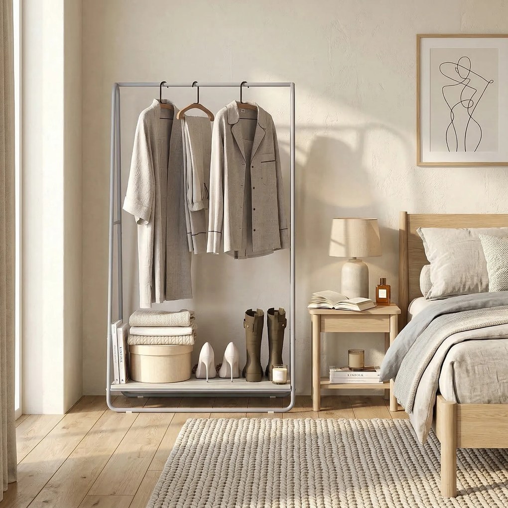 HOMCOM Cuier 3-în-1 cu raft pentru încălțăminte, bare superioare și laterale, structură metalică, natural și gri | Aosom Romania