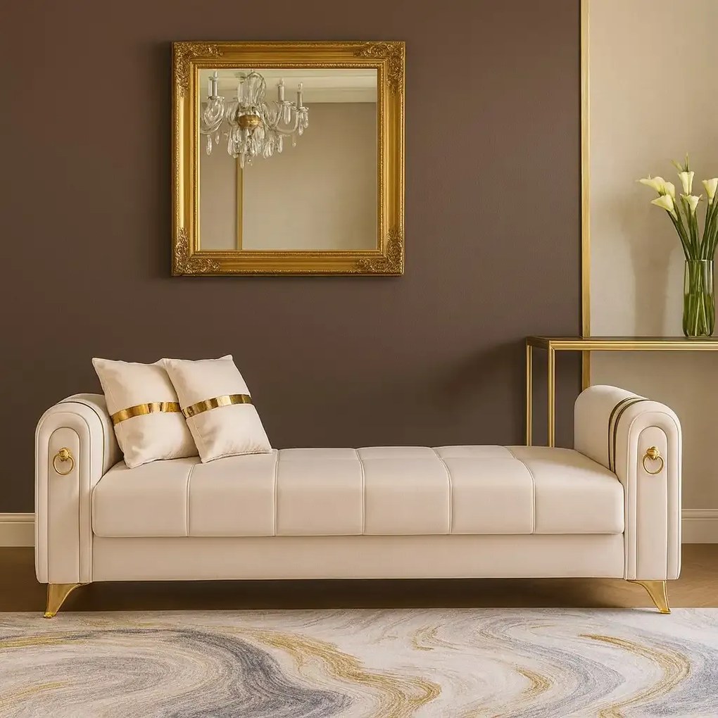 Canapea extensibila cu lada de depozitare 220x87x93 cm , bej si detalii aurii –Camara