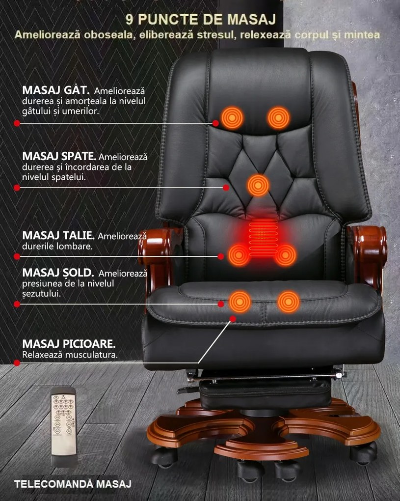 Scaun directorial din piele naturala si lemn masiv, Masaj in 9 puncte si Incalzire, rezistent 150 kg, Negru