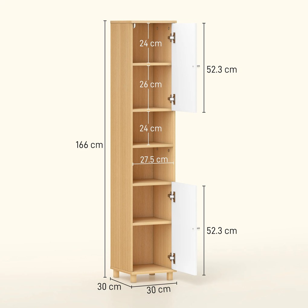 HOMCOM Dulap de Baie înalt cu Uși, 2 Rafturi Deschise, 2 Dulapuri, Dulap de Baie Economisitor de Spațiu cu Rafturi Reglabile pentru Sala de Mese Sufragerie, 30x30x166 cm, Alb și Lemn | Aosom Romania