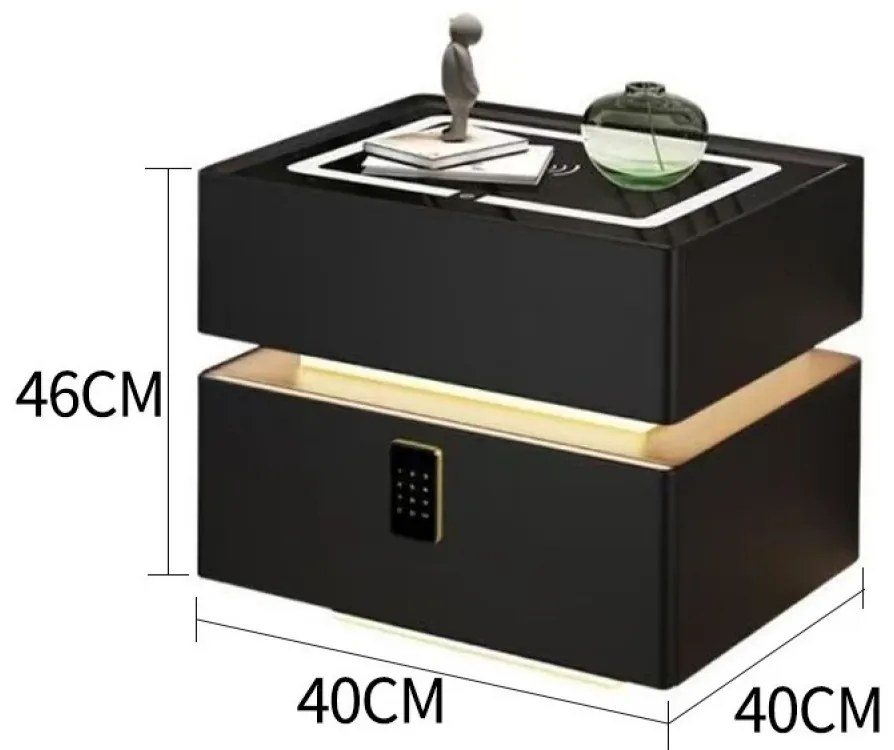 Noptieră inteligentă multifuncțională, sertar tip seif cu blocare cu parolă, încărcare Wireless, difuzor Bluetooth, iluminare LED touch în 3 culori, Negru