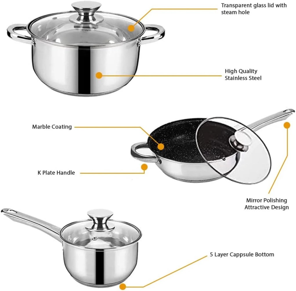 Set oale inox  si tigaie marmorata, cu capace, 12 piese Royalty Line RL 1231B