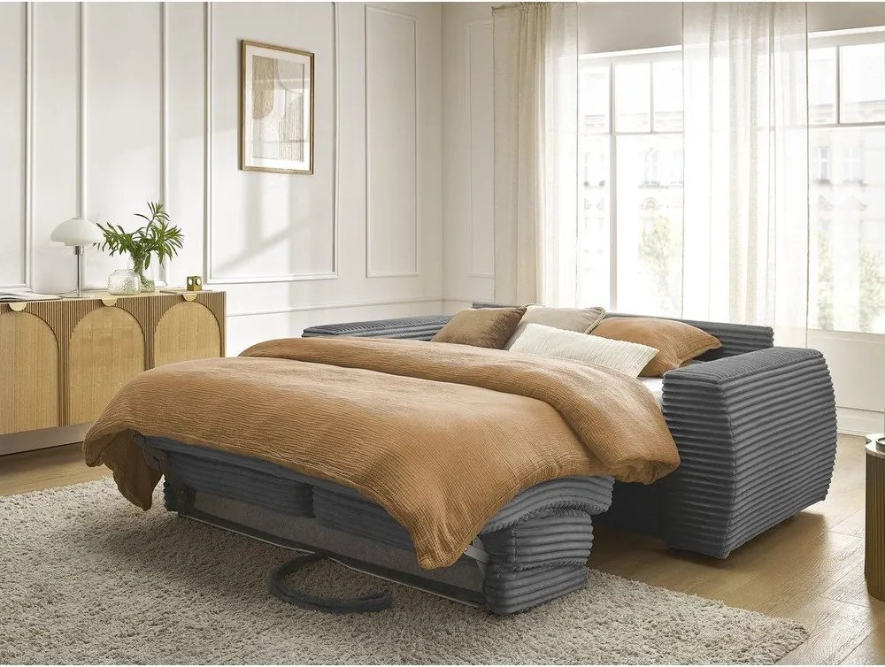 Canapea gri închis pentru dormitul zilnic/extensibilă cu tapițerie din catifea reiată 220 cm Hugo – Bobochic Paris