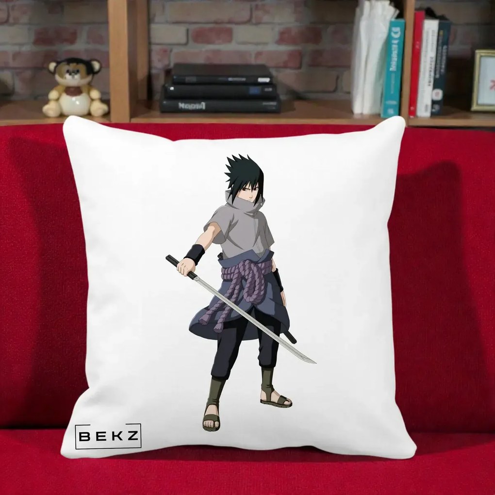 Perna Personalizata Naruto Sasuke Uchiha cu Sabia, 40x40 cm, Alba Mata, Husa Detasabila, Perna Inclusa, BEKZ®