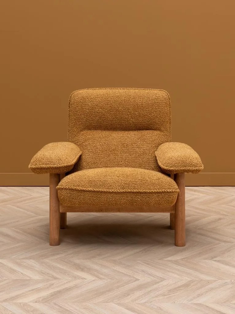 Fotoliu din stofa boucle si cadru din lemn masiv, design retro, 82,5×96×86,5 cm, „Biskit"