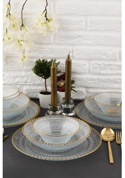 Set de masă 12 piese, sticlă transparentă cu detalii aurii