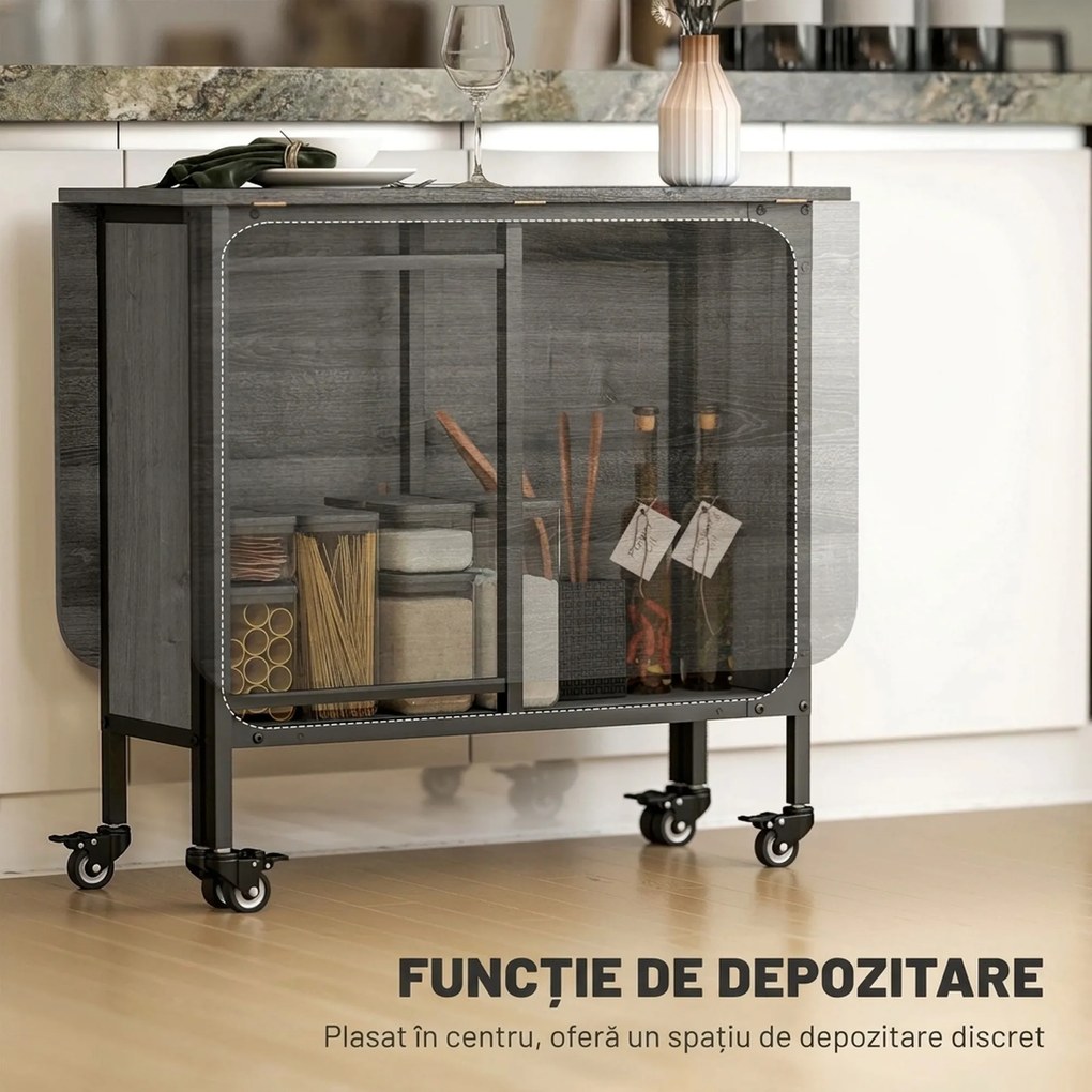 HOMCOM Masă Pliabilă, Rabatabilă pentru 4-6 Persoane cu Raft și 6 Roți, din Lemn și Metal, 130x80x74 cm, Gri | Aosom Romania