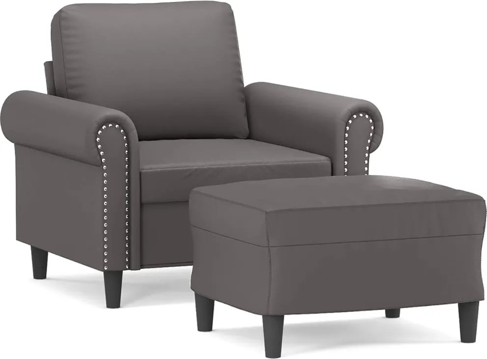 vidaXL Fotoliu canapea cu taburet, gri, 60 cm, piele ecologică