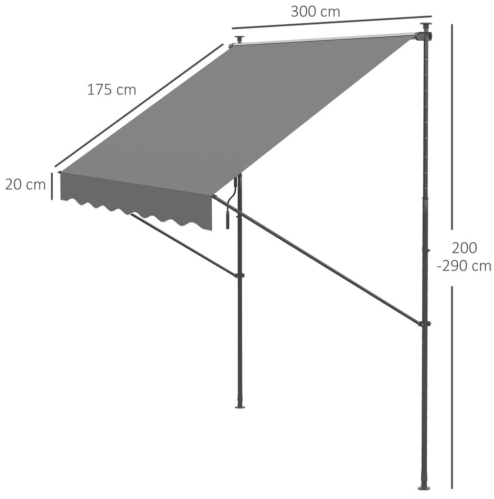 Outsunny Parasolar Manual Retractabil 300x175x210-310 cm Ajustabil cu Manivela Protectie Solara UV40+ pentru Balcon Terasa Gri | Aosom Romania