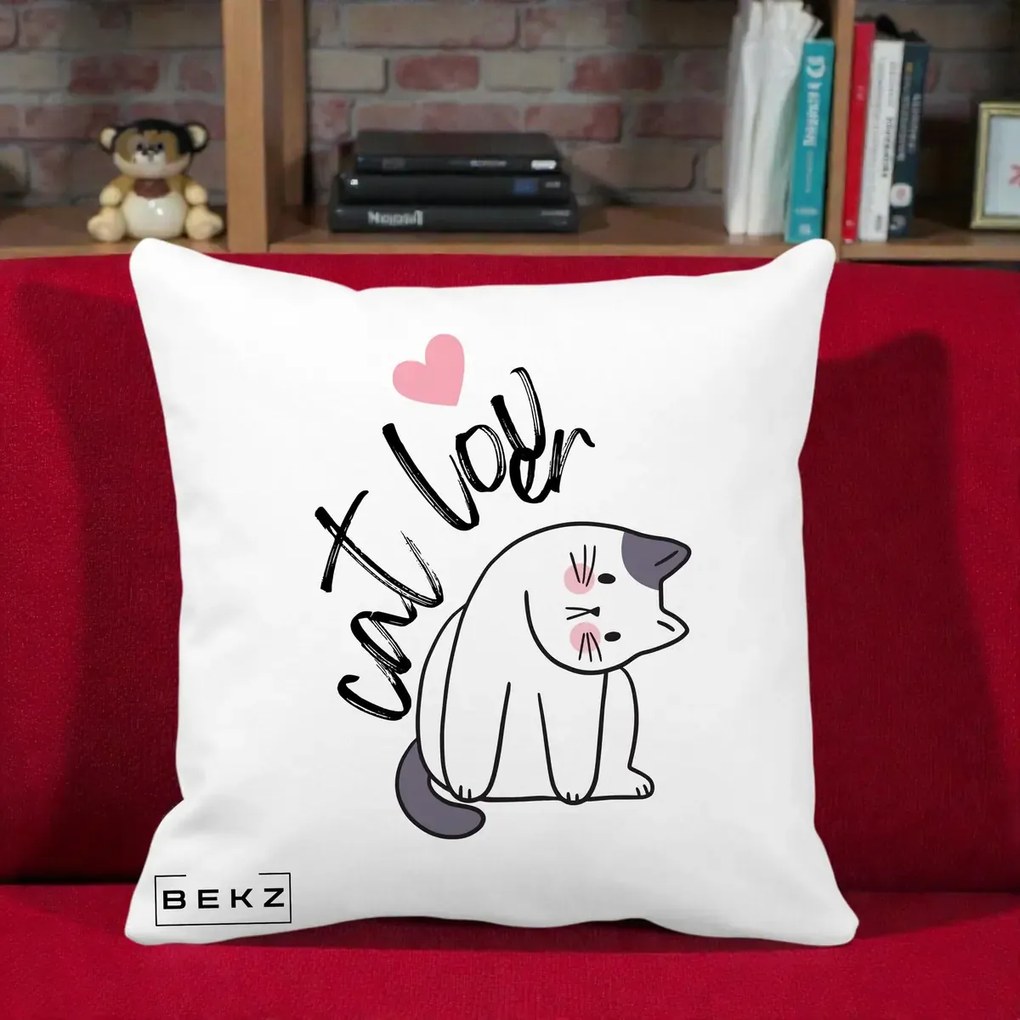 Perna Personalizata Cat Lover Pisica Ilustratie Linie, 40x40 cm, Alba Mata, Husa Detasabila, Perna Inclusa, BEKZ®