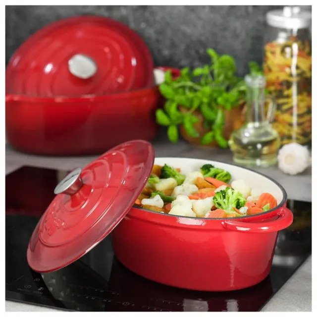 Oala din fonta Kinghoff KH 1530, 30 cm, 4,5 L, Forma ovala, Emailata, Inducție, Rosu