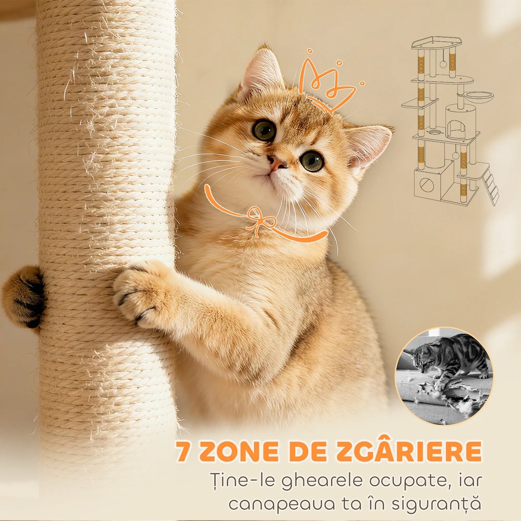Pawhut Ansamblu de joacă pentru Pisici de 170 cm cu 7 Stâlpi Zgâriători, 2 Căsuțe, Hamac, Gri Deschis | Aosom Romania