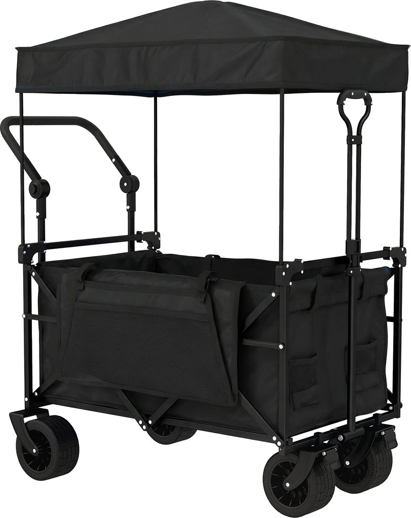 Outsunny Cărucior de grădină pliabil cu roți mari blocabile, bară reglabilă și suport pentru pahare pentru camping 125x59x133 cm Negru | Aosom Romania
