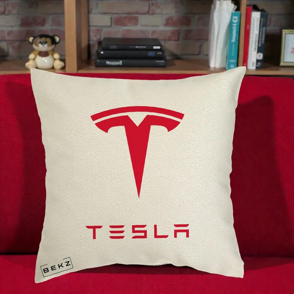 Perna Personalizata cu emblema Tesla, 40x40 cm, Ecru, Husa Detasabila, Perna Inclusa, BEKZ®