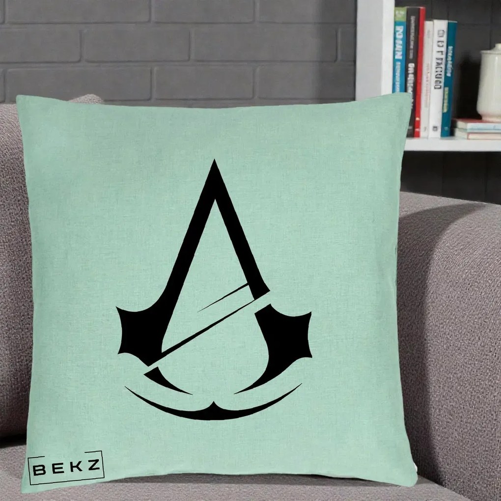Perna Personalizata Assassin's Creed Minimalist, 40x40 cm, Verde Menta, Husa Detasabila, Perna Inclusa, BEKZ®