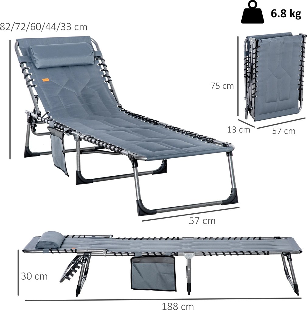 Outsunny Șezlong, șezlong de grădină pliant, șezlong pliant cu pernă, spătar reglabil în 5 trepte, țesătură Oxford, 188 x 57 x 30 cm, Gri | Aosom Romania