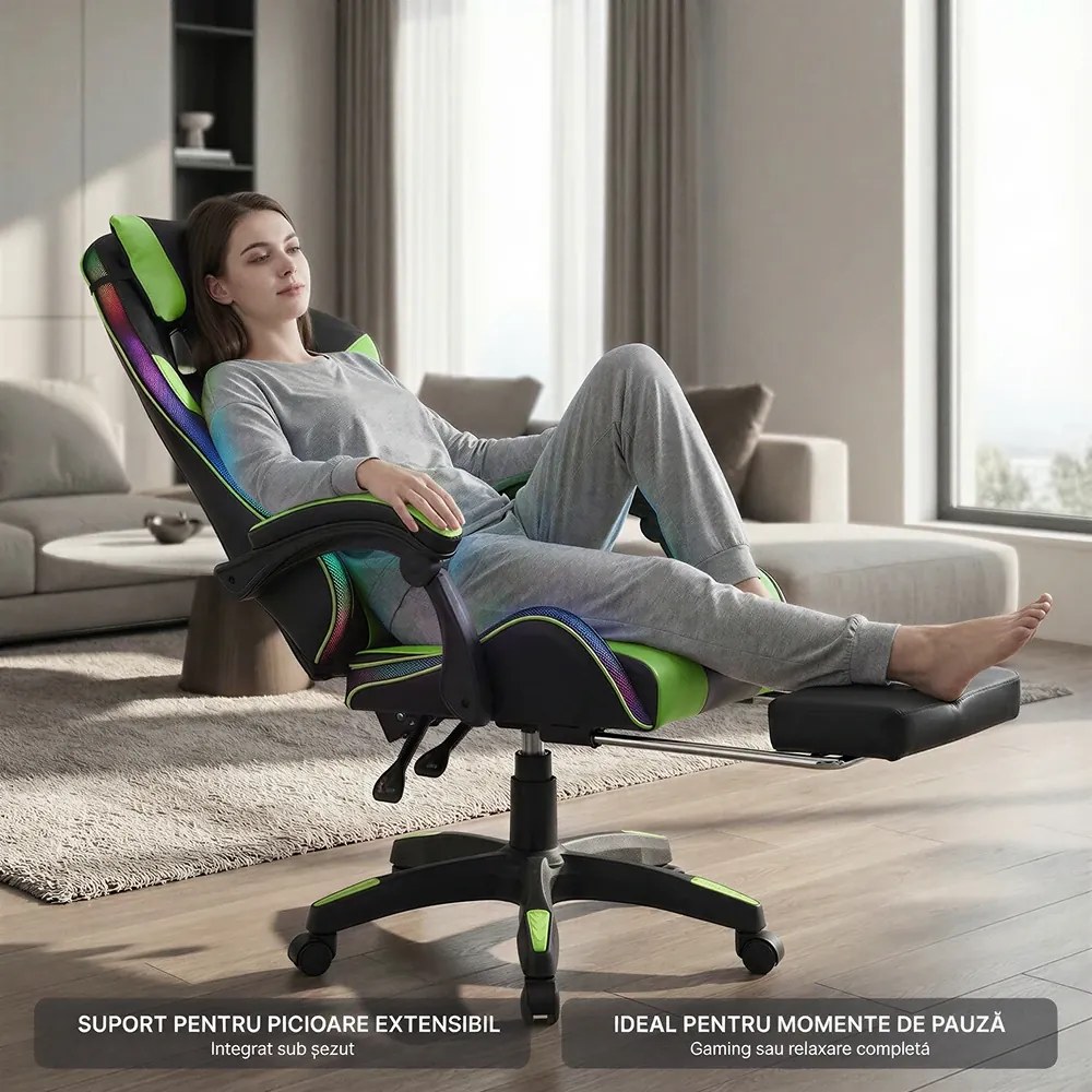 Scaun gaming, sistem iluminare bandă LED RGB, masaj în perna lombară, suport picioare, Negru/Verde