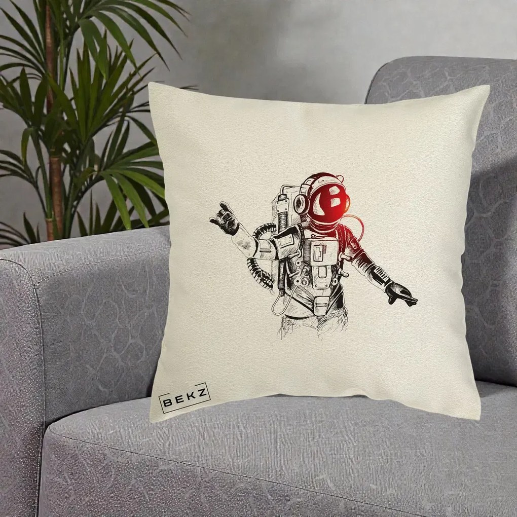 Perna Decorativa Astronaut Rock Sketching, 40x40 cm, Ecru, Husa Detasabila, Perna Inclusa, BEKZ®