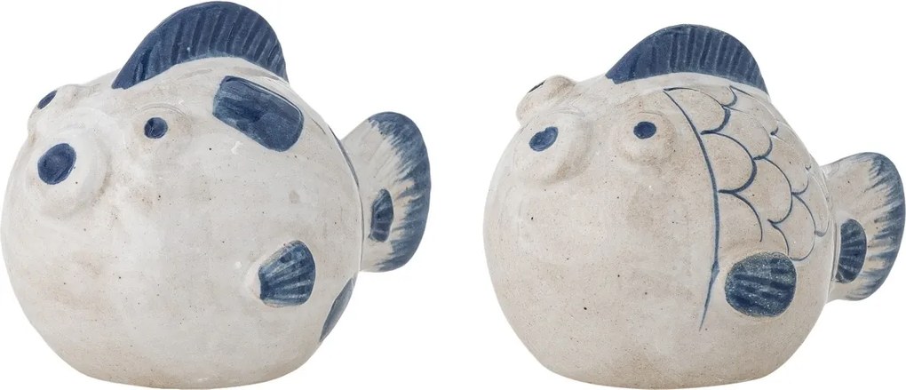 Set solniță și pipernița din ceramică albastră în formă de pești pictați manual, 9,5×6,5×9 cm, „Fugu"