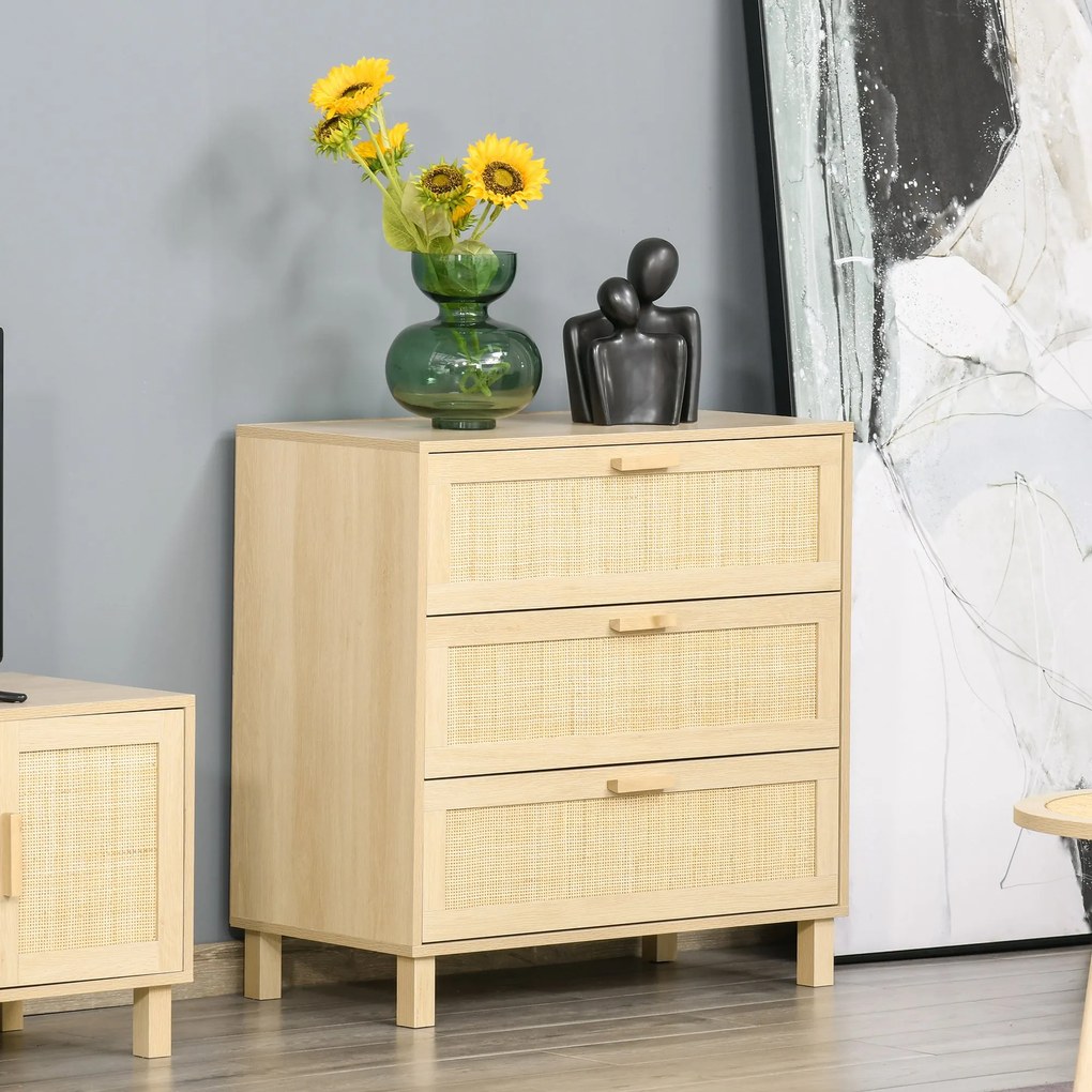 HOMCOM Casetiera cu 3 din lemn si ratan pentru camera de zi si dormitor, 80x40x80cm Culoare Lemn Natural | AOSOM.ro