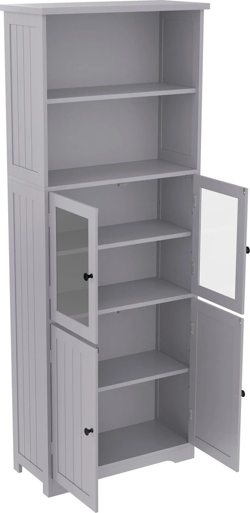 Dulap înalt pentru baie cu spațiu de depozitare, ușă de dulap din sticlă, rafturi ajustabile, 57,4x28,4x162,5 cm, Gri